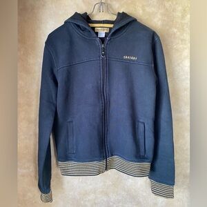 Vintage 90s Caesars Palace Faded Black Hooded Jacket with Striped Gold Hem Med